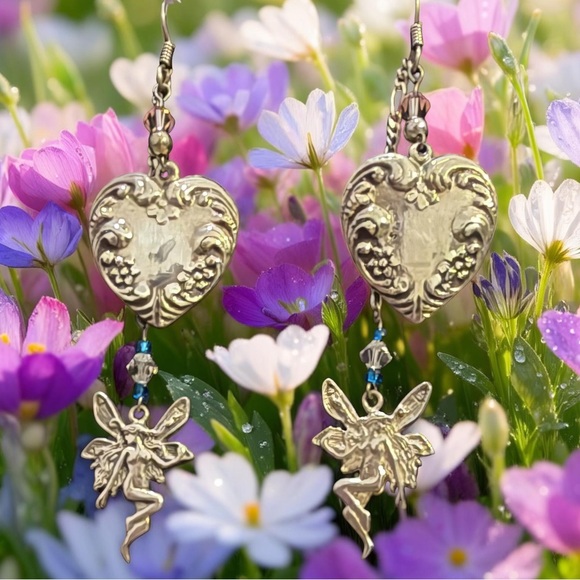 Vintage Jewelry - Vintage Sterling Silver Fairy Heart Dangle Earrings 925 Spring Whimsical Gift